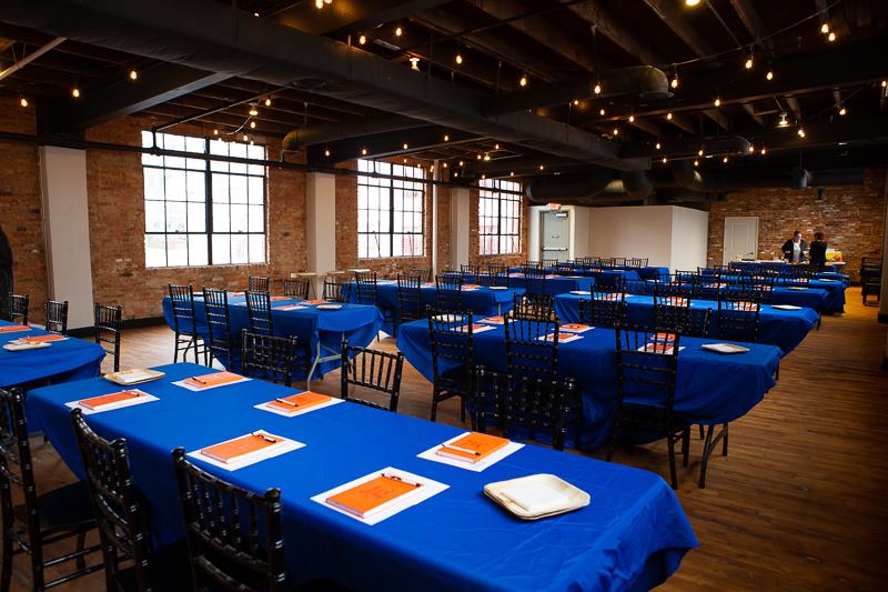 Corporate event rental decor and setup at Tenth Ward venue