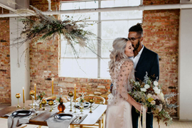 Jewel-toned, desert industrial, edgy and neutral look styled wedding shoot was designed to show-off a new event space in Downtown Frederick, Tenth Ward Distilling Company.