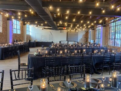 Black table decor for alternative wedding at Tenth Ward venue